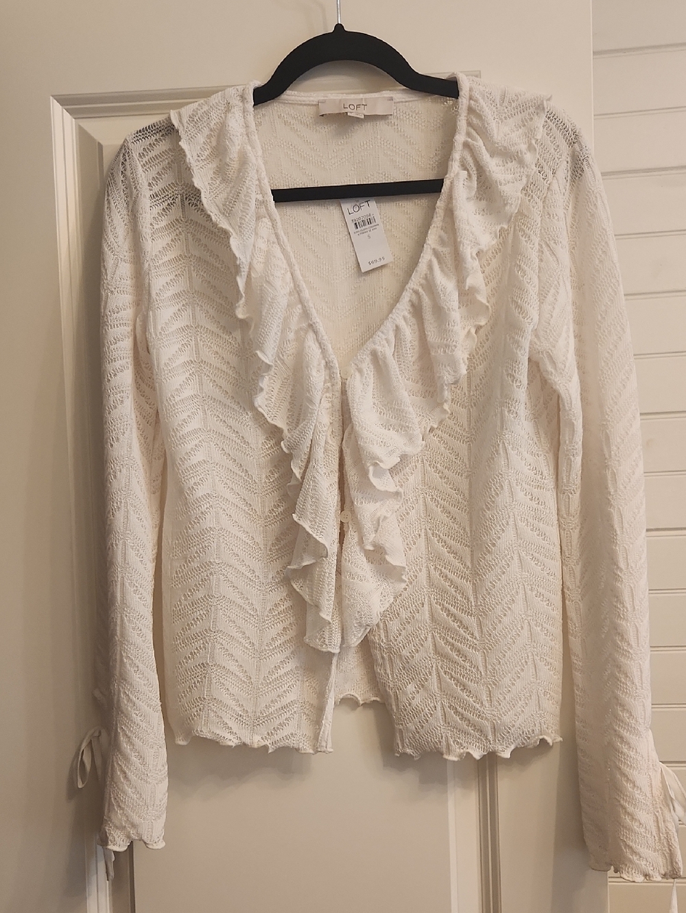 LOFT Cream Ruffle Front Knit Cardigan